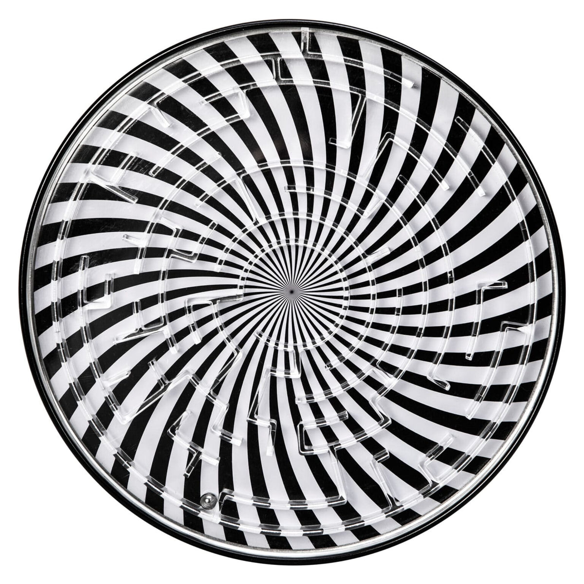 Front view of black and white tin ball maze.
