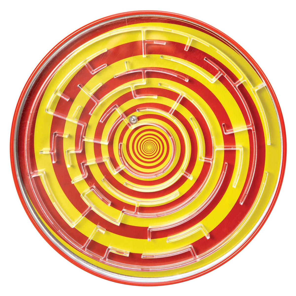 Front view of yellow and red tin ball maze.