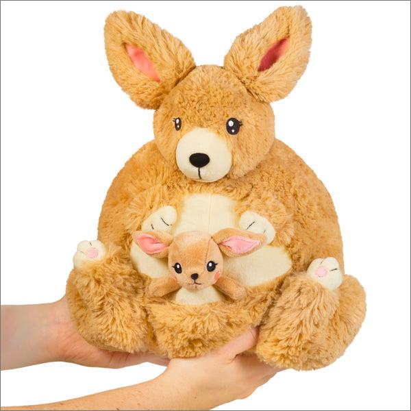 Front view of the Cuddly Kangaroo and the baby kangaroo being held in a persons hands.
