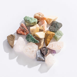 Front view of a variety of rocks from the Fill-A-Pouch-Rock Treasure Bag.