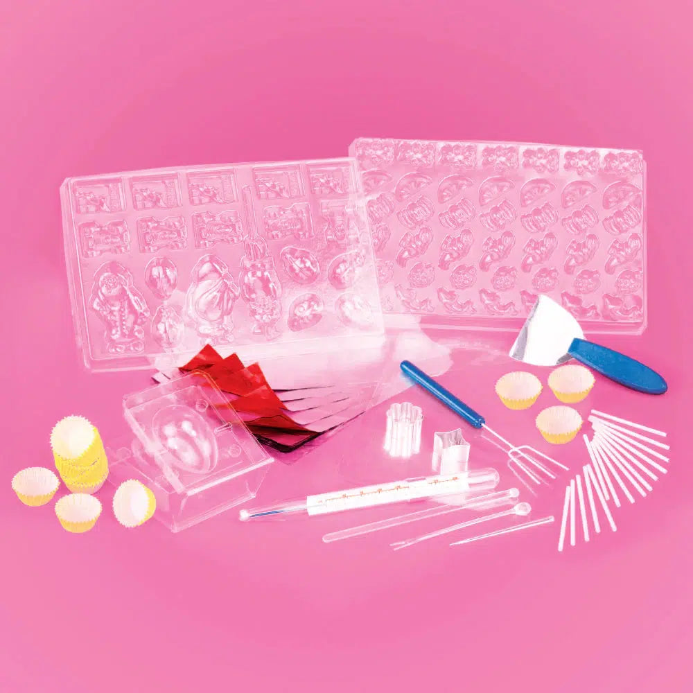 Front view of the contents in the candy chemistry set.