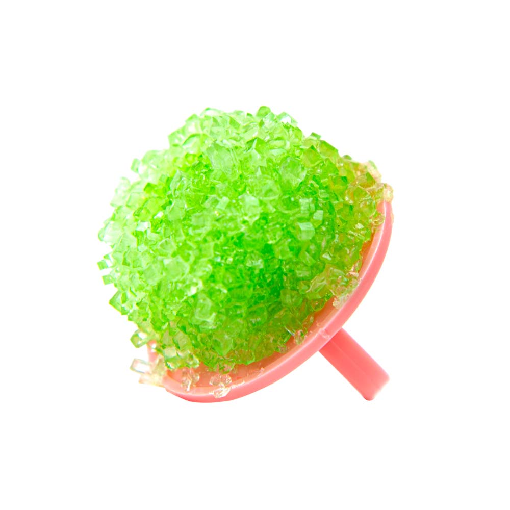 Front view of the completed lime crystal lollipop made from the Chemistreats! Candy + Chemistry set/