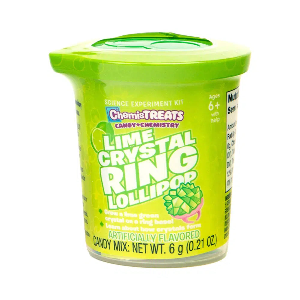 Front view of lime crystal ring lollipop from Chemistreats! Candy + Chemistry in its container.