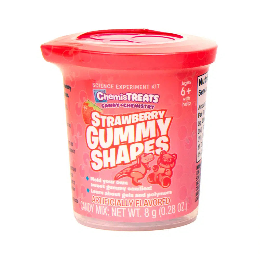 Front view of the strawberry gummy shapes from the Chemistreats! Candy + Chemistry set in its container.