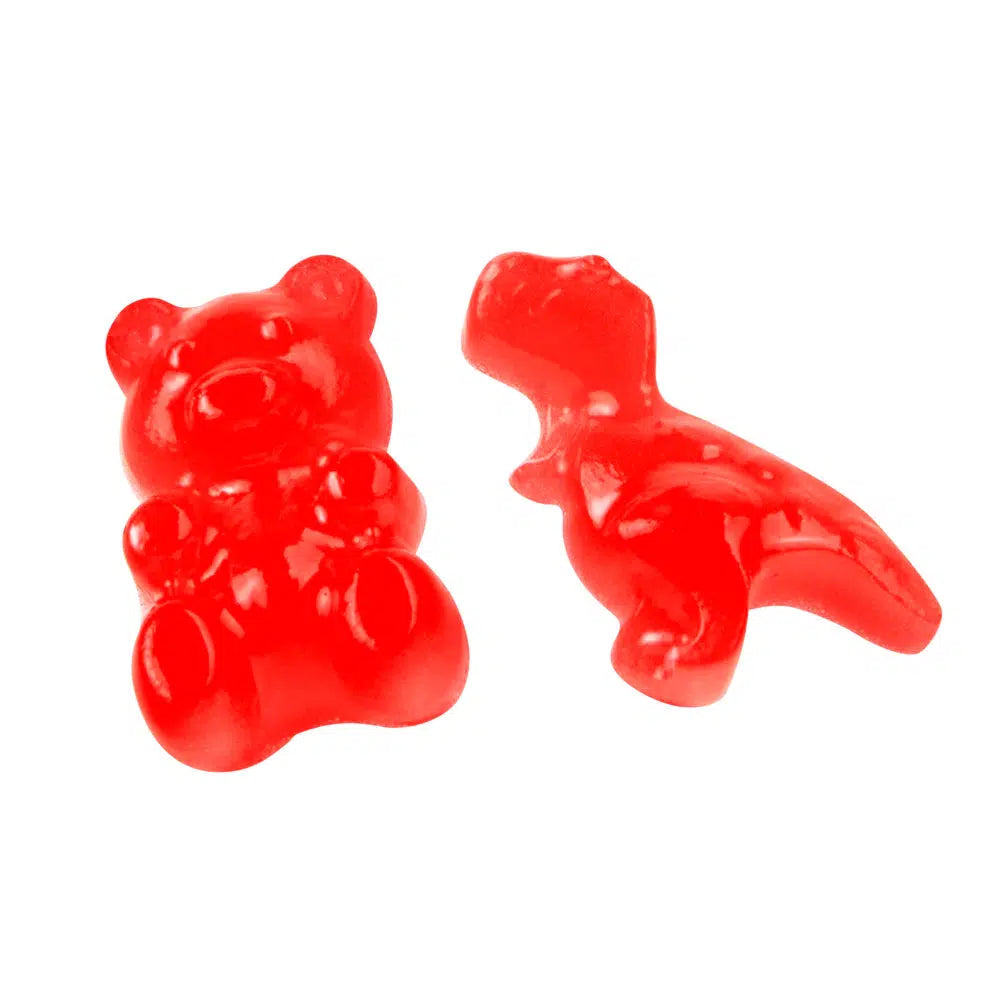 Front view of the bear and Dino gummy made from the strawberry gummy shapes Chemistreats! Candy + Chemistry set.