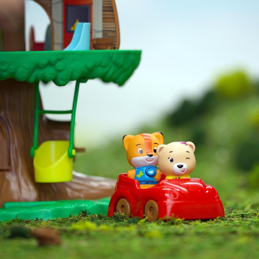 Two cute play figurine in small red car