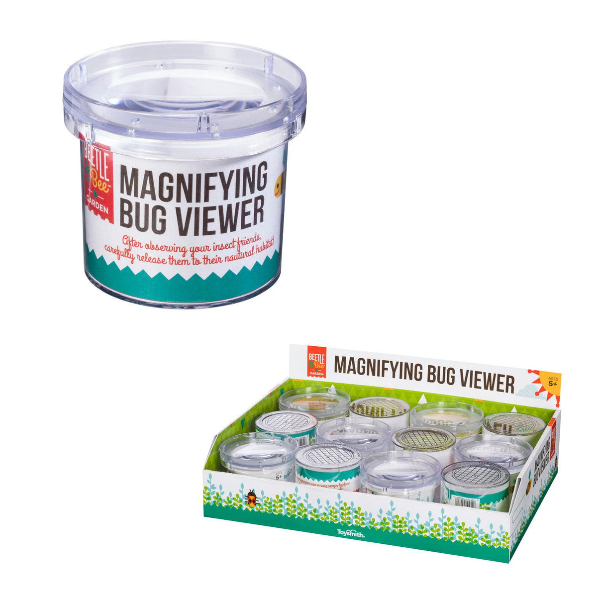 Front view of Beetle &amp; Bee Magnifying Bug Viewers in display box with one out to the side by itself.