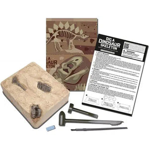Front view of contents of Dig A Dinosaur Skeleton Brachiosaurus showing the plaster block bones are in, tools, directions, and paper digging tray.