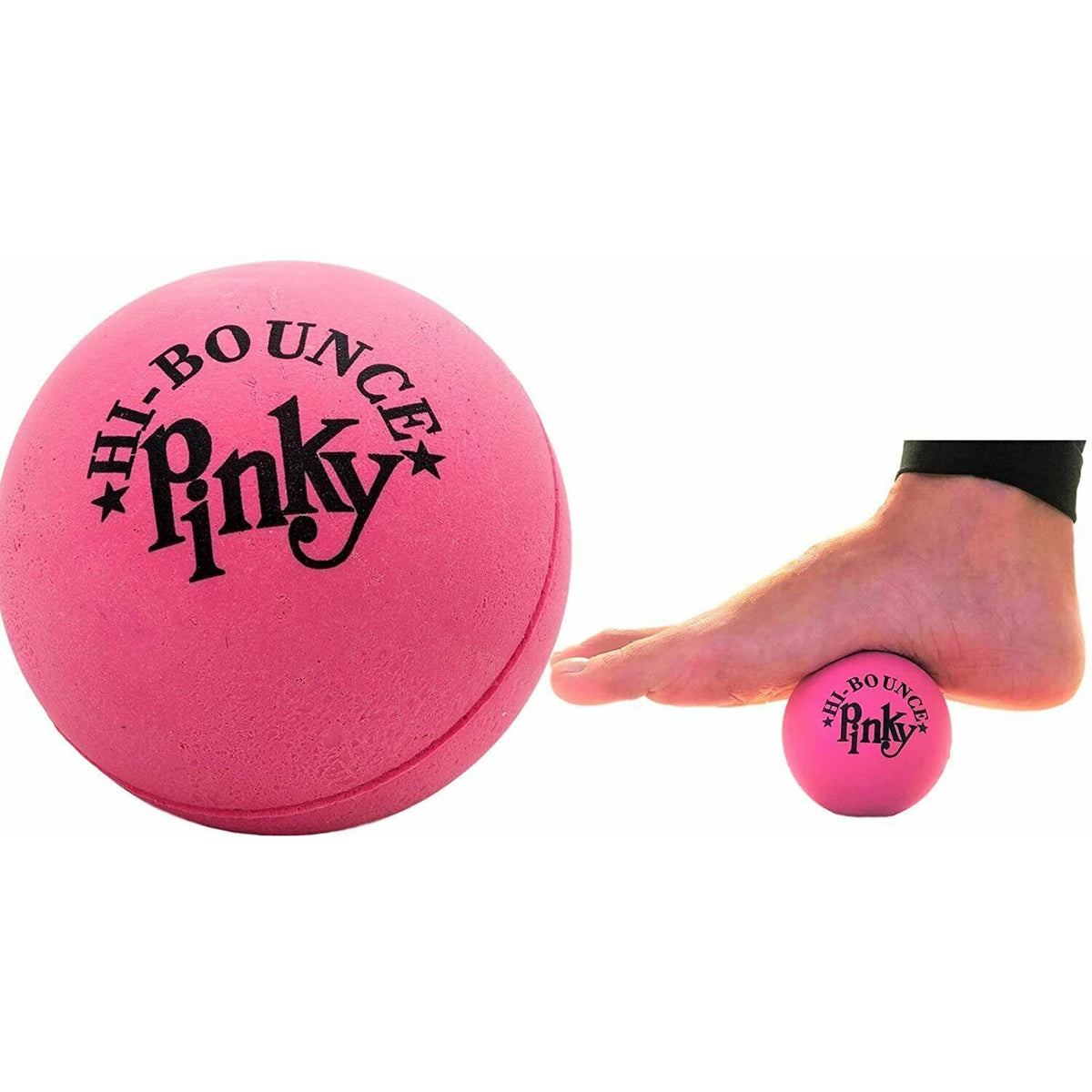 Front view of a Hi-Bounce Pinky ball and then beside it a person rolling their foot on another pinky ball.