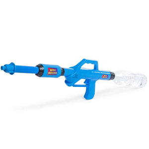 Front view of blue Water Bazooka with water bottle attached.