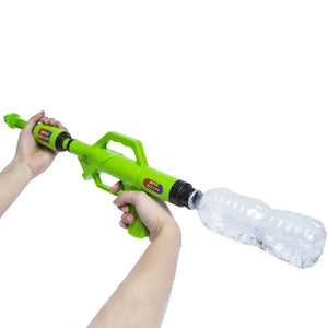 Front view of hands holding a green Water Bazooka with water bottle attached.