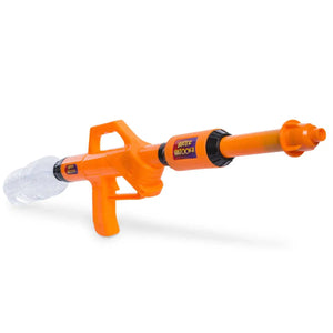 Front view orange Water Bazooka with water bottle attached.