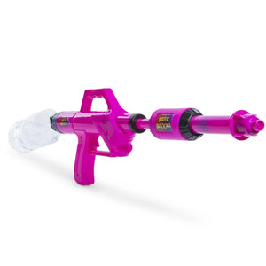 Front view hot pink Water Bazooka with a water bottle attached.