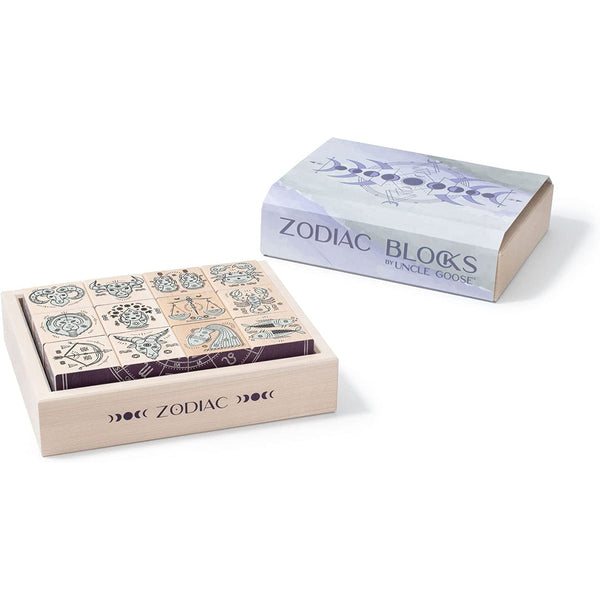 Front view of the Zodiac blocks with the packaging sleeve off and on.
