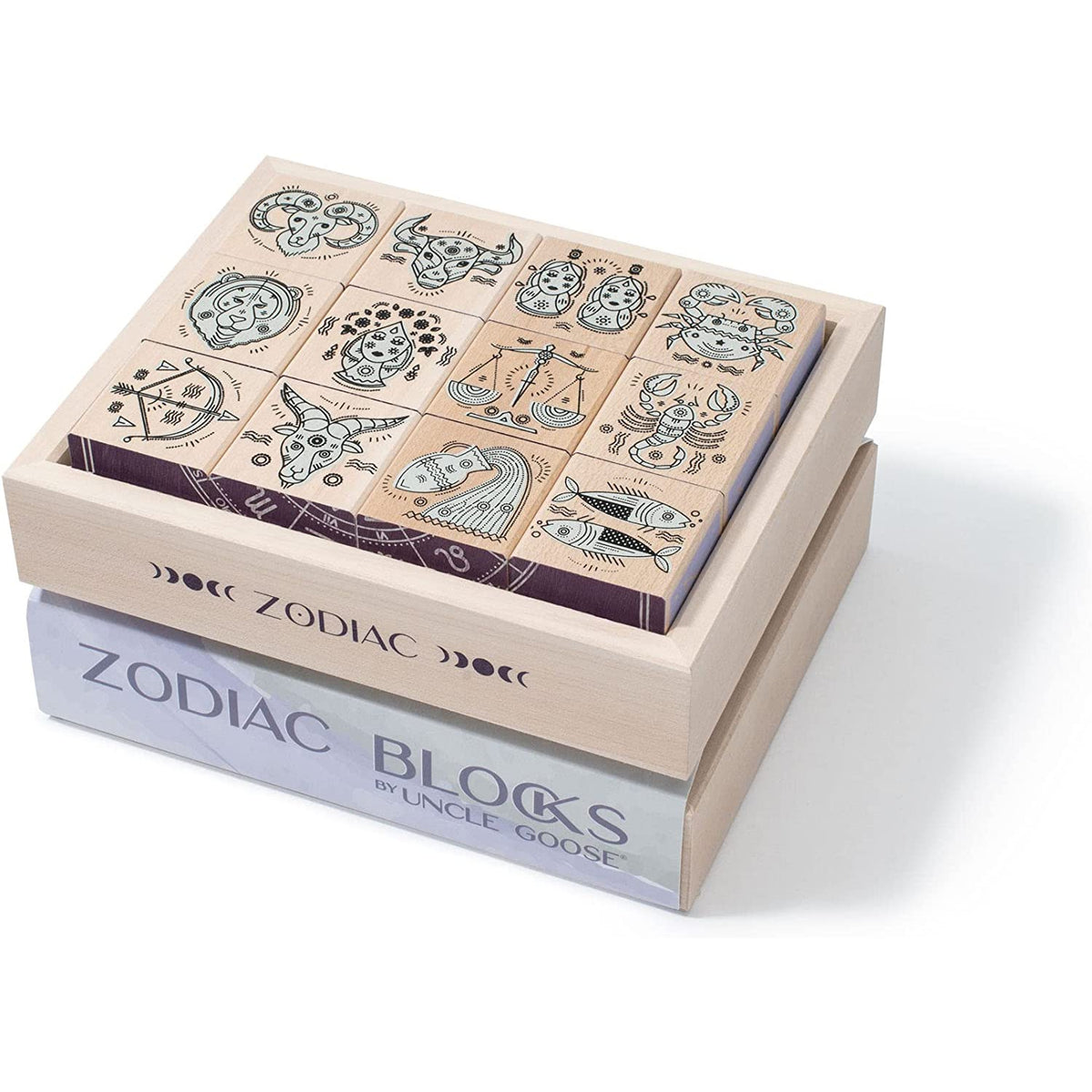 Front up close view of the Zodiac signs with packaging sleeve off and one stacked on another to show the designs on the blocks.