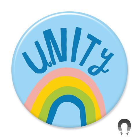 Unity rainbow magnet, light blue with rainbow.