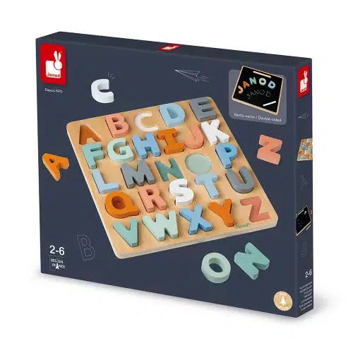 Front view of the alphabet puzzle in the box.
