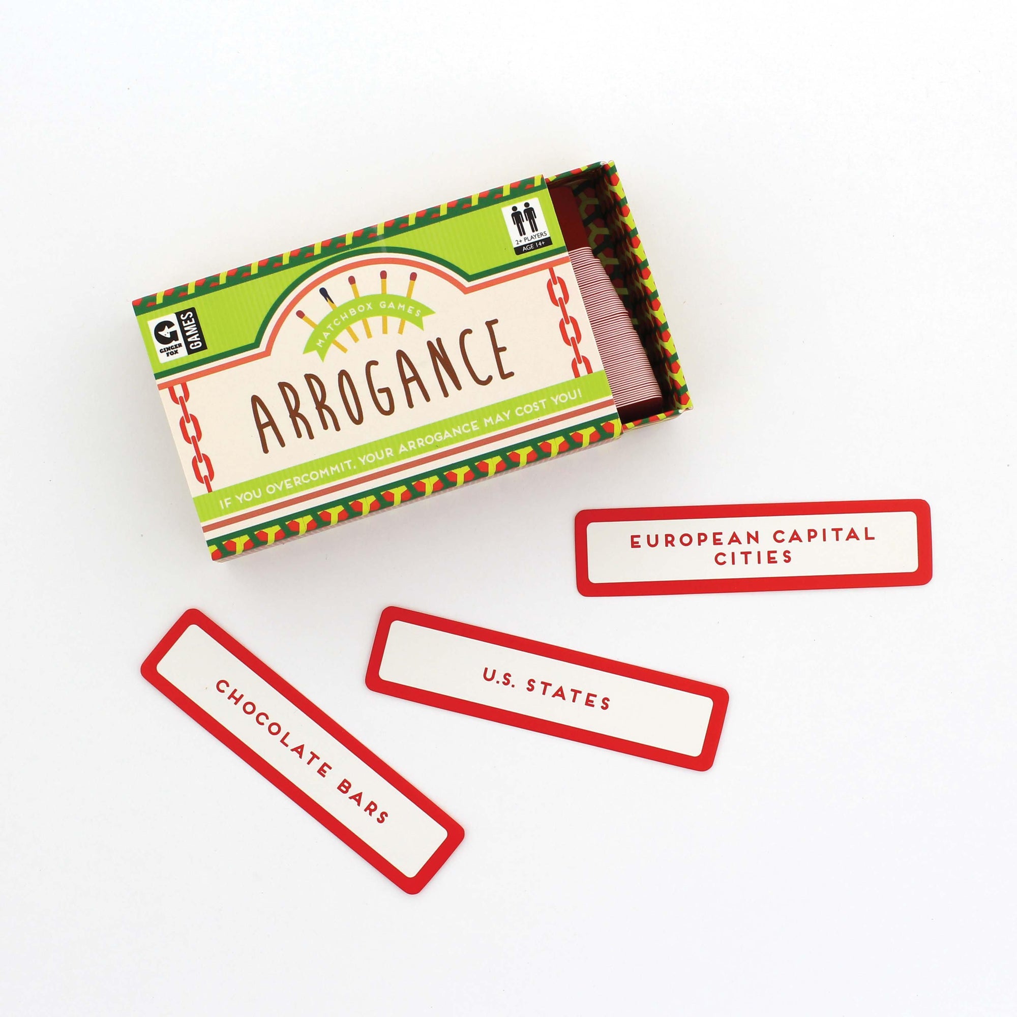 Front view of Arrogance game with cards laying in front of partially open box.