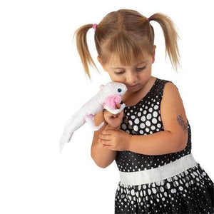 Front view of a child using the Axolotl finger puppet.