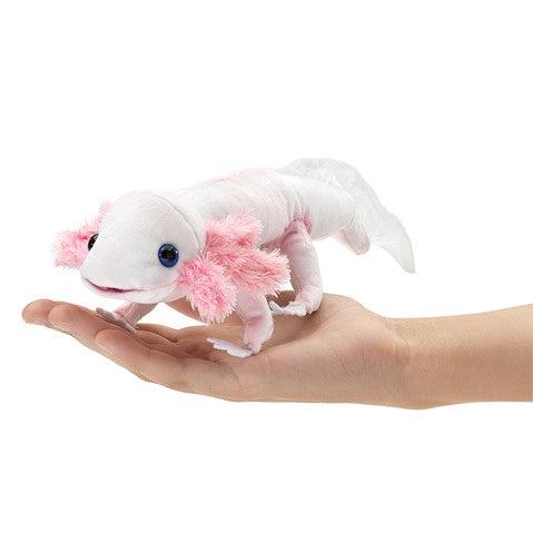 Front view of the Axolotl Finger Puppet on top of someone's palm.