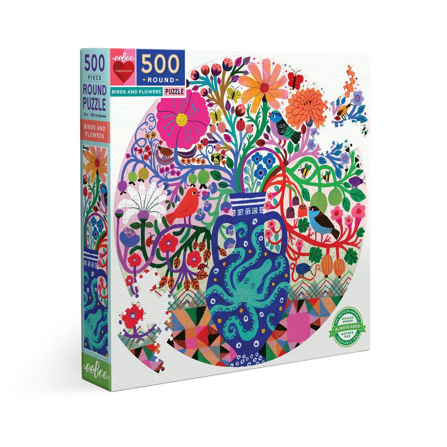 Birds and Flowers - 500 Piece - Round-Puzzles-EeBoo-Yellow Springs Toy Company