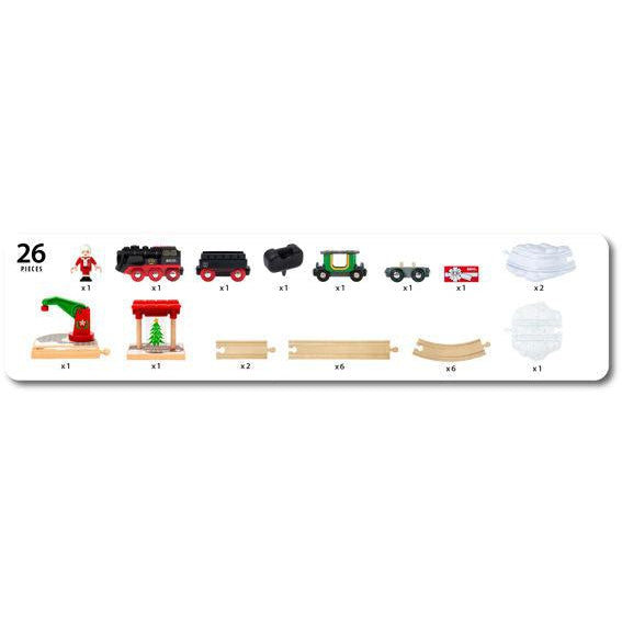 Front view of a graphic showing the pieces included in this train set.