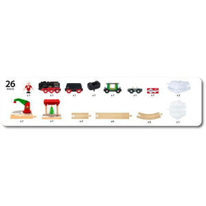 Front view of a graphic showing the pieces included in this train set.