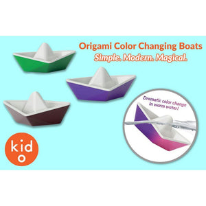 Front view of a poster that shows how the Origami Color Changing boats change color in warm water.