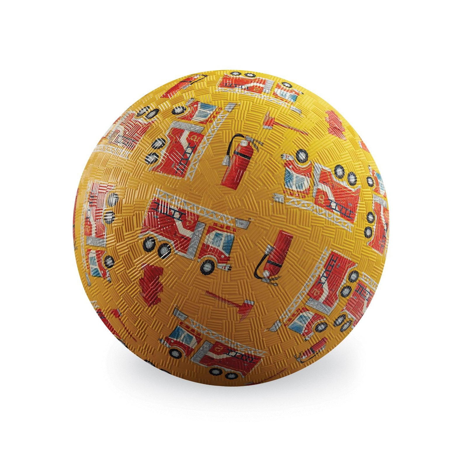 Seven inch golden yellow ball with a bright friendly pattern of red fire trucks, axes, fire hydrants, and fire extinguishers.