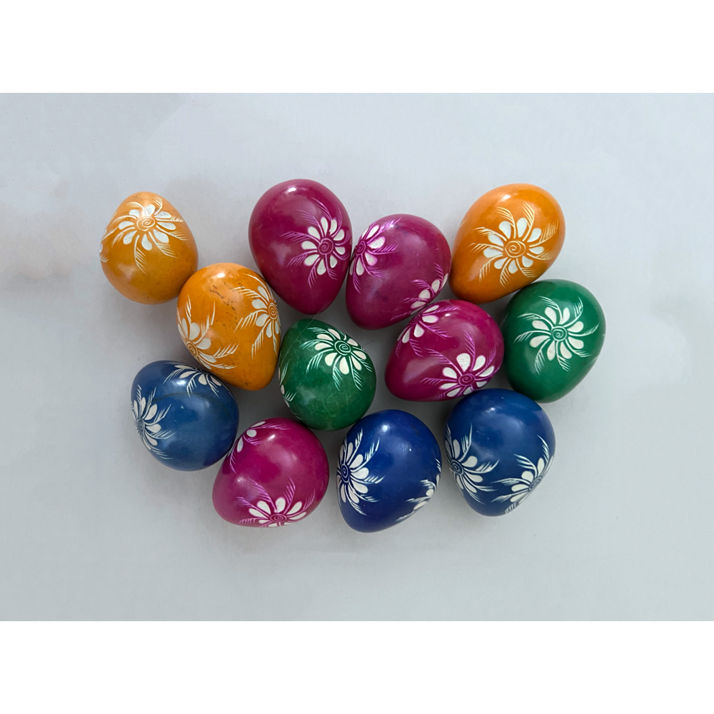 Front view of a variety of Small Flowered Soapstone Eggs showing all the colors.