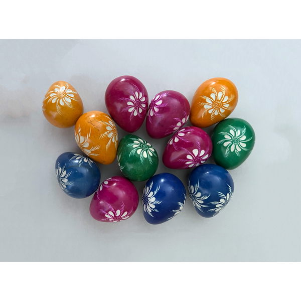 Front view of a variety of Small Flowered Soapstone Eggs showing all the colors.