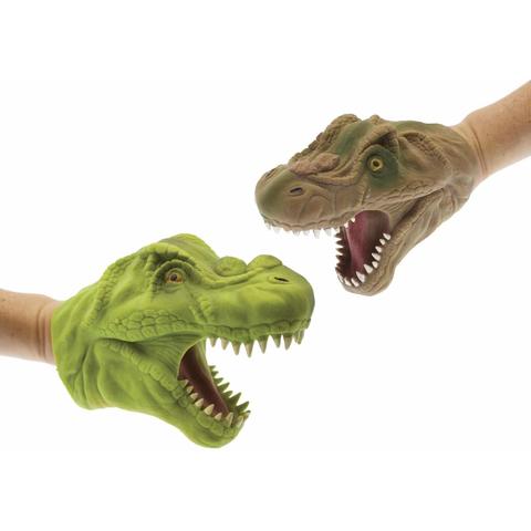 Rubber hand puppet of a green dinosaur head with long teeth