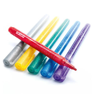 Front view of the 6 Glitter markers lined up, the red marker without its cap.