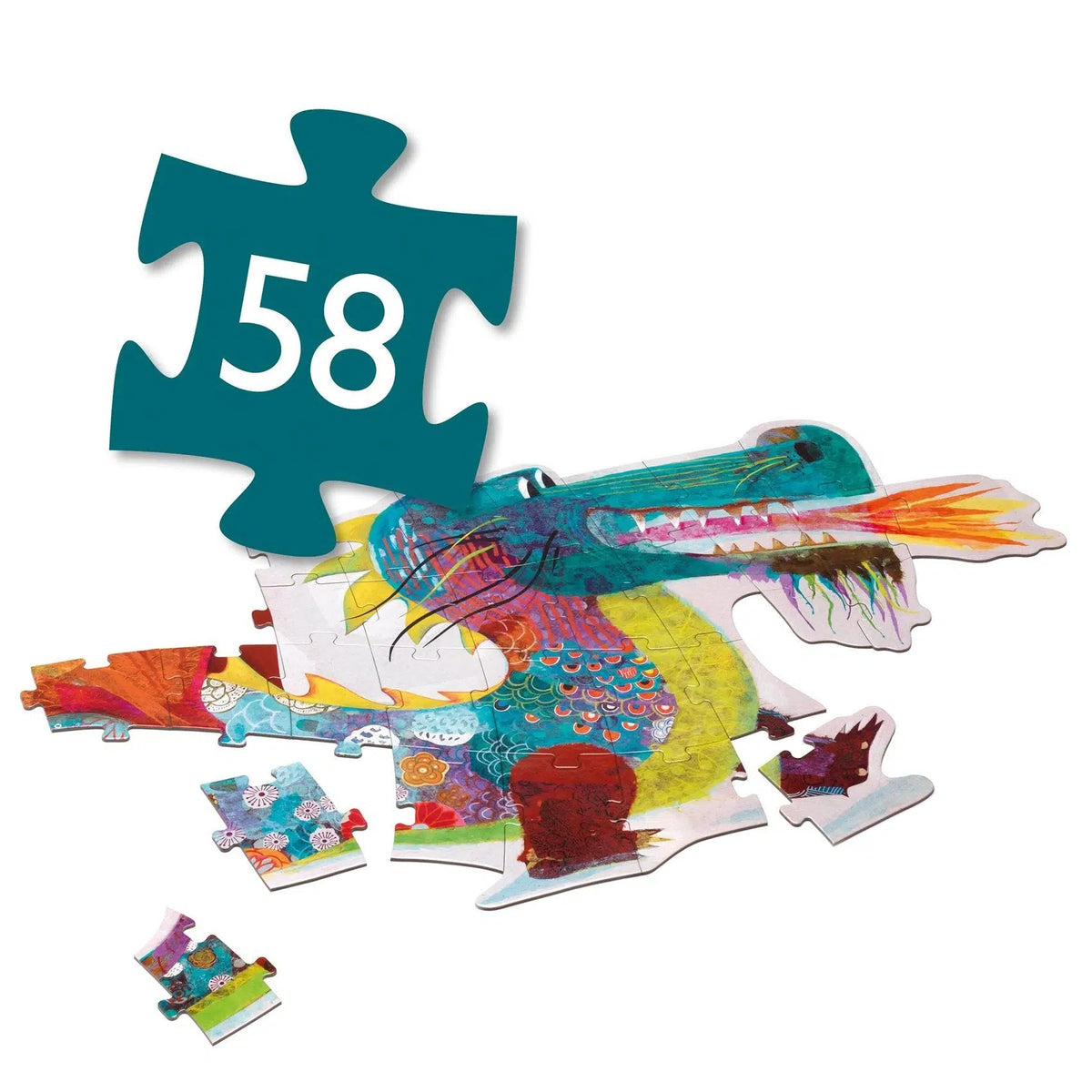 Front view of the Leon The Dragon Giant Floor Puzzle partially put together, with a graphic showing the amount of puzzle pieces (58).