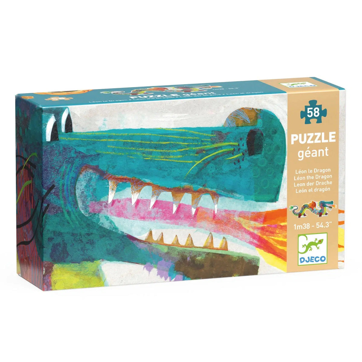 Front view of the Leon The Dragon Giant Floor Puzzle in the box.