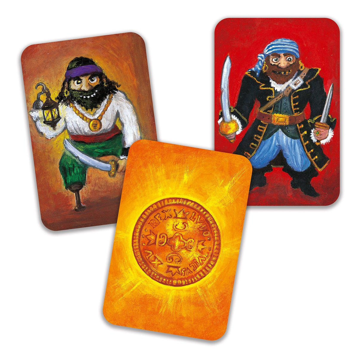Front view of 2 pirate cards and 1 gold piece card.