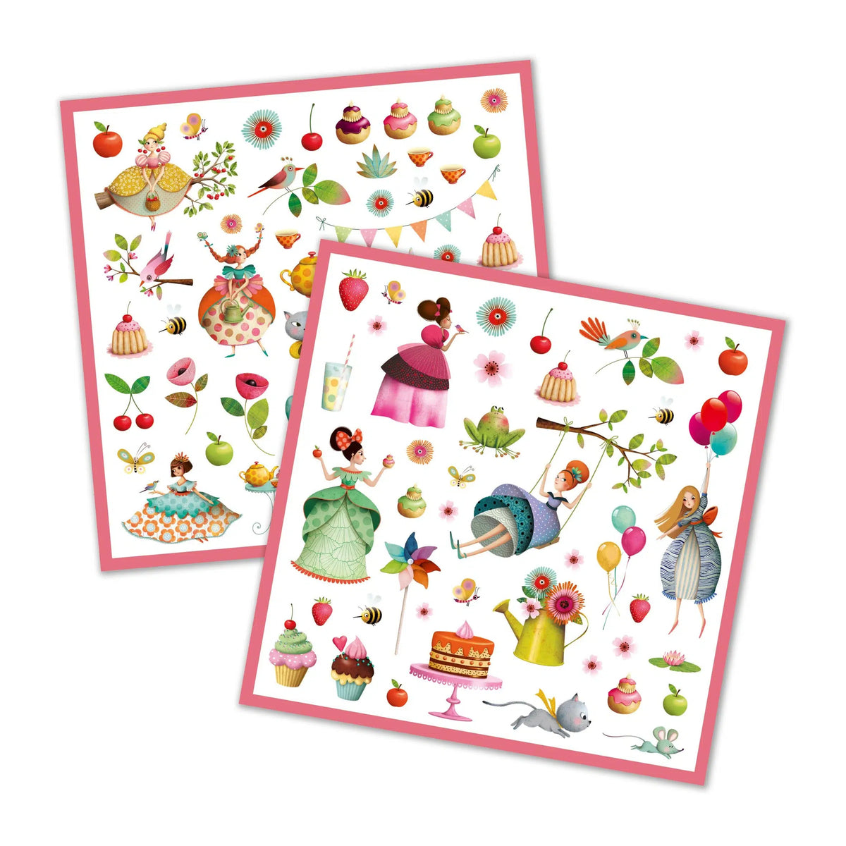 Front view of two sheets of stickers included in the Princess Tea Party Sticker Sheets.