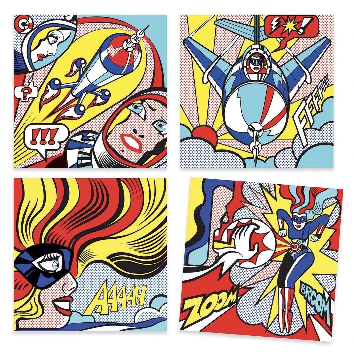 Front view of the 4 illustrations included in the Superheroes Inspired by Lichtenstein Coloring and Rub-On Transfer Kit.