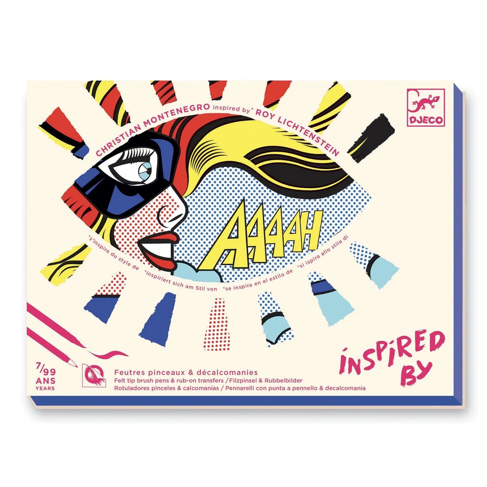 Front view of the Superheroes Inspired by Lichtenstein Coloring and Rub-On Transfer Kit in the packaging.