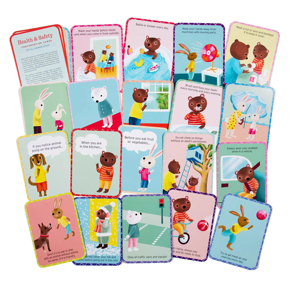Front view of a variety of cards from Health &amp; Safety Conversation Cards.