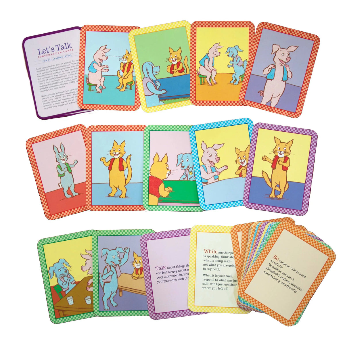 Front view of various cards from the Let&#39;s Talk Conversation Cards set.