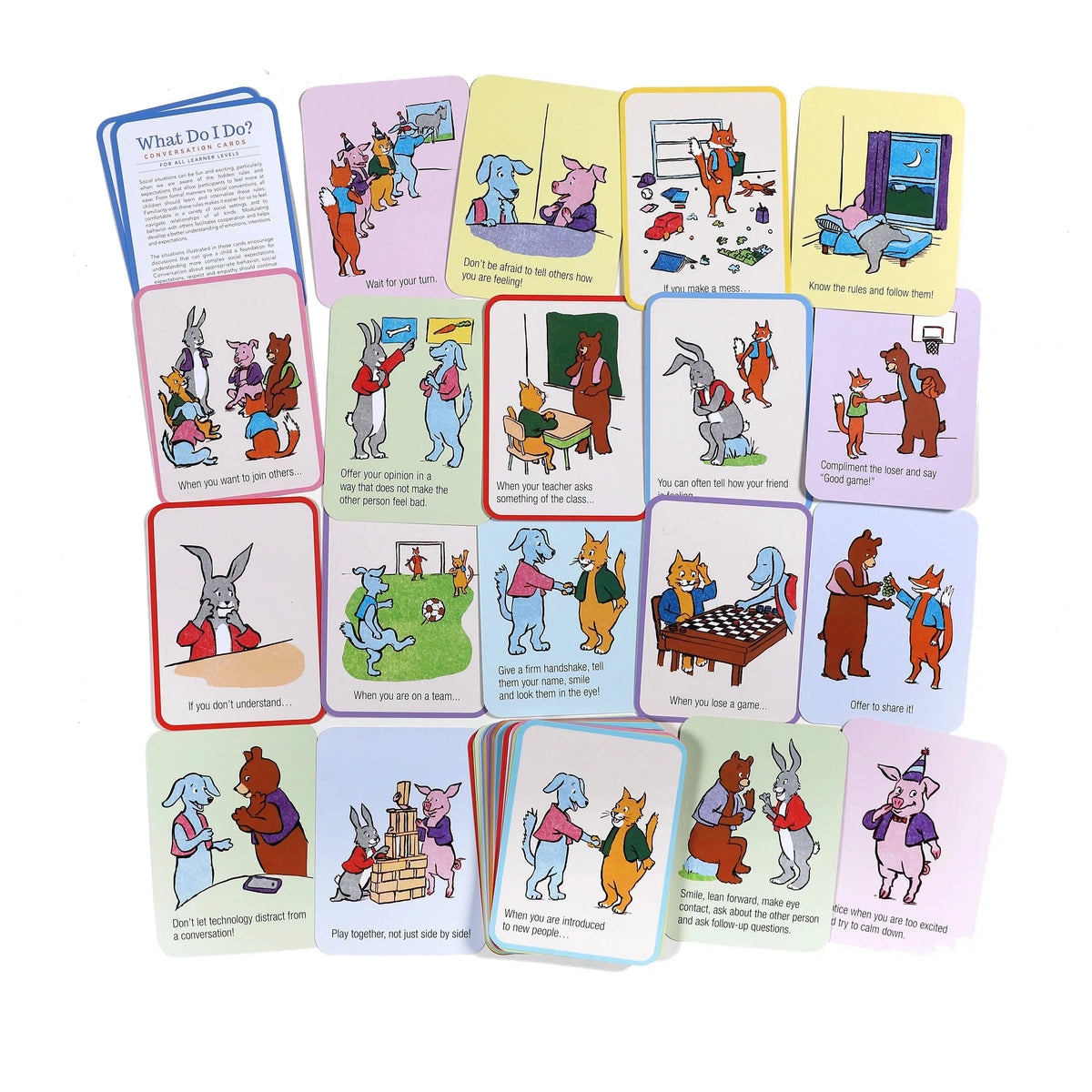 Front view of various cards from What Do I Do? Conversation Cards set.