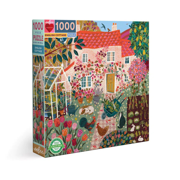 Front view of the english cottage puzzle in the box.
