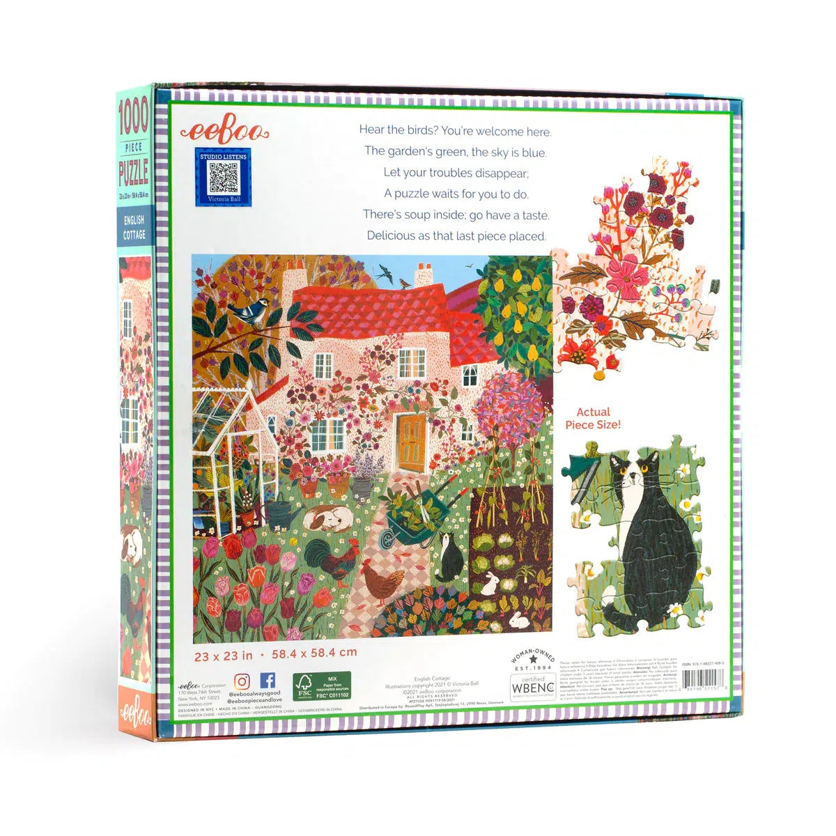 Front view of the english cottage puzzle in the box.