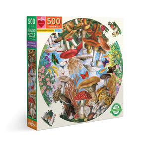 Front view of the mushrooms and butterflies puzzle in the box.