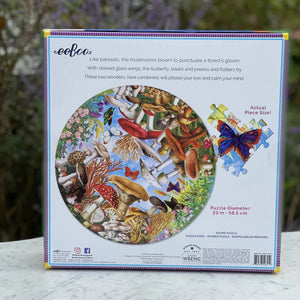 Back view of the mushrooms and butterflies puzzle in the box.