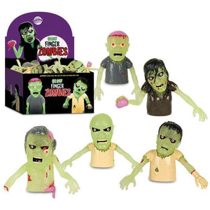Front view of the box of Finger Puppet-Zombie Glow with various individual ones outside of the box.