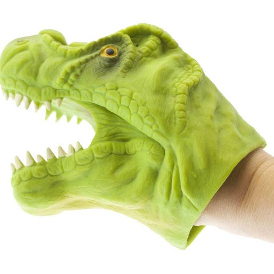 Green dinosaur hand puppet looking fierce with its mouth open and teeth showing