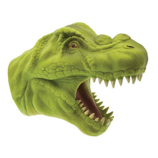 Rubber hand puppet of a green dinosaur head with long teeth