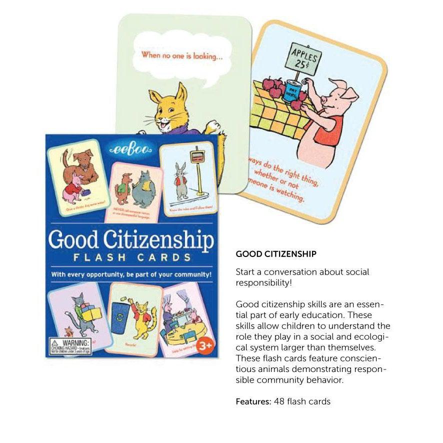 Front view of the Good Citizenship Conversation Cards showing some examples from the deck.